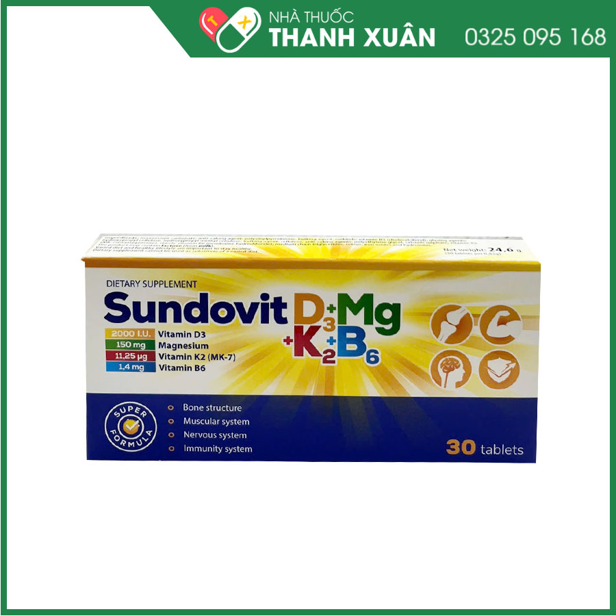 Thuốc Sundovit D3 + Mg + K2 + B6 hỗ trợ xương, răng phát triển